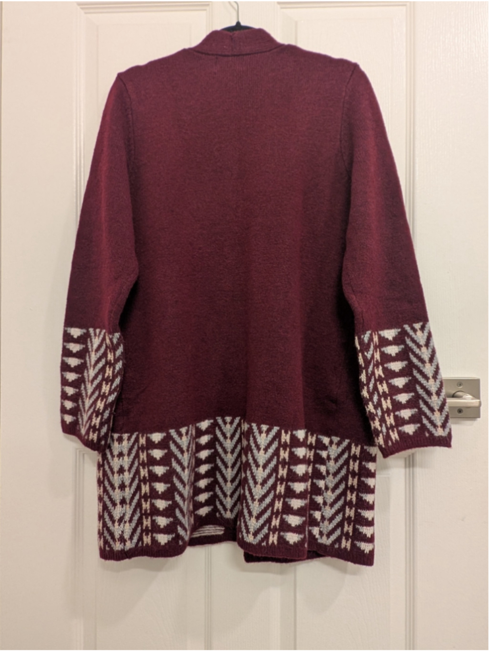 FRYE Women Med Burgundy Southwestern Aztec Fair Isle Open Front Cardigan Sweater - Picture 4 of 7